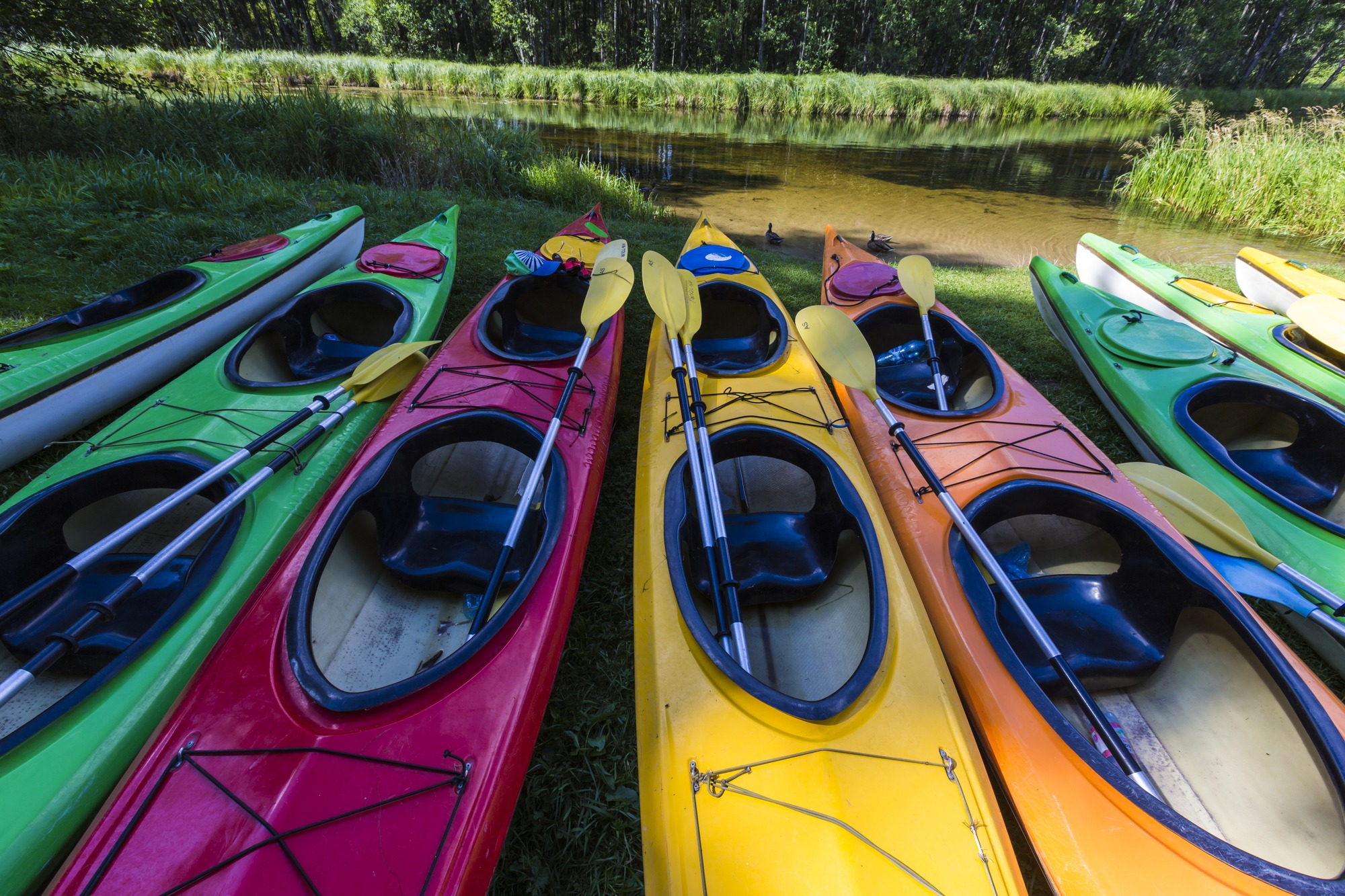 Colorful fiberglass kayaks tethered to a dock as seen from above